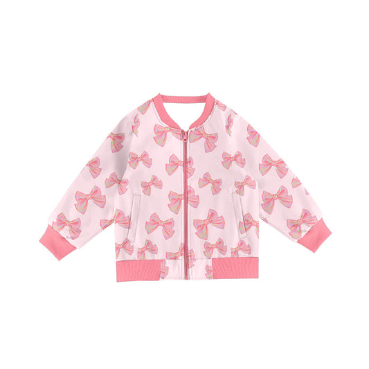 Preorder(moq 8)Baby Girls Long Sleeve Peach Bows Pockets Zip Jackets Top