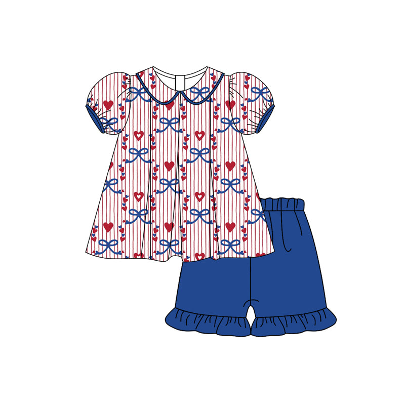 Preorder moq 5 Baby Girls Short Ruffle Sleeves Bows Hearts Stripe Tunic Navy Ruffle Short Set