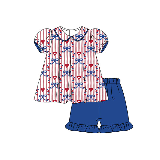 Preorder moq 5 Baby Girls Short Ruffle Sleeves Bows Hearts Stripe Tunic Navy Ruffle Short Set