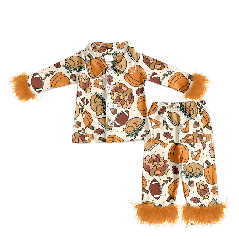 preorder(MOQ 5)Baby Girls Thanksgiving Turkey Fur Top Pants Pajamas