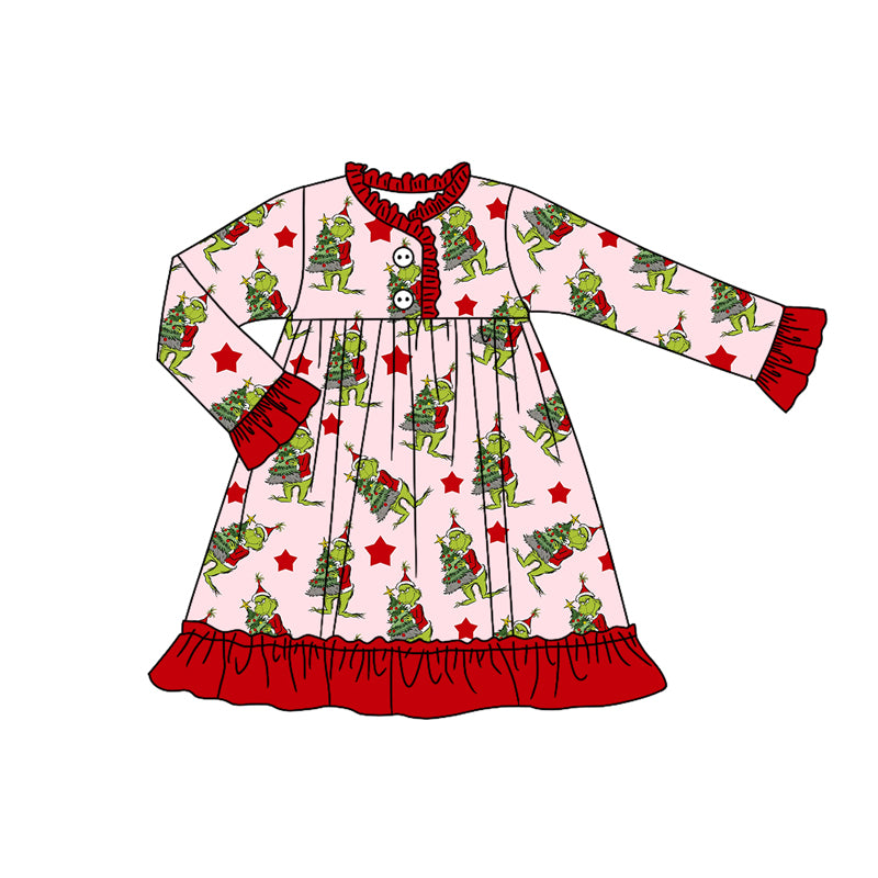 Preorder(moq 5) Baby Girls Long Ruffle Sleeves Christmas Trees Green Faces Button Knee Length Dresses