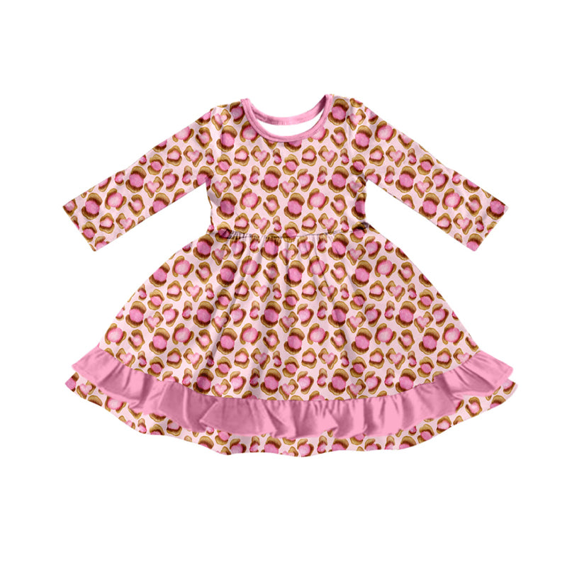 Preorder (moq 5)Baby Girls Pink Leopard Ruffle Knee Length Dresses