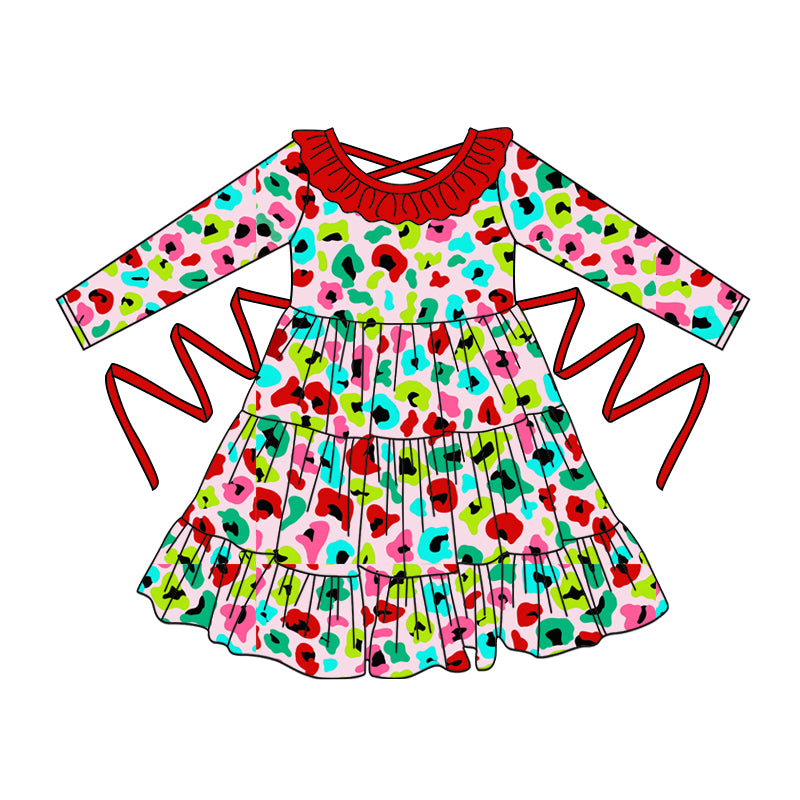 Preorder moq 5 Baby Girls Long Sleeves Colorful Leopard With Belt Ruffle Knee Length Dresses