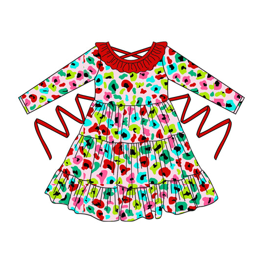 Preorder moq 5 Baby Girls Long Sleeves Colorful Leopard With Belt Ruffle Knee Length Dresses
