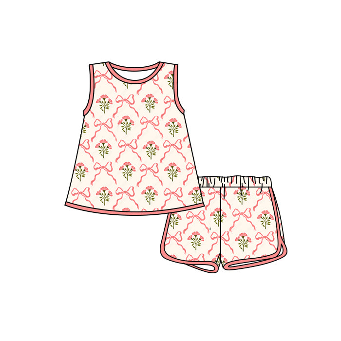 Preorder moq 5 Baby Girls Sleeveless Pink Bows Flowers Tunic Short Set