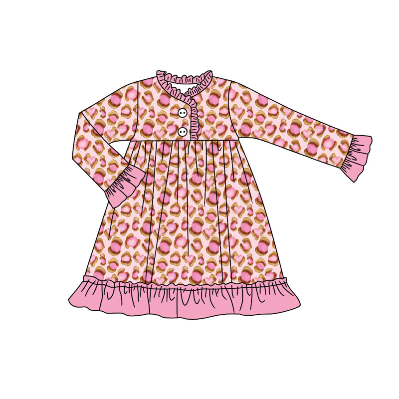 Preorder (moq 5)Baby Girls Pink Leopard Button Ruffle Knee Length Dresses