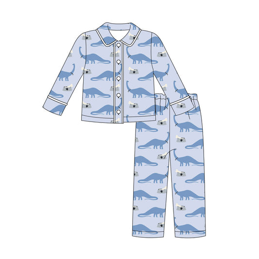 Preorder (moq 5)Baby Boys Blue Dinosaurs Button Top Pants Western Pajamas Sets