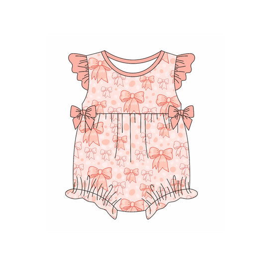 Preorder moq 5 Baby Girls Peach Flutter Sleeves Bows Leopard Ruffle Rompers