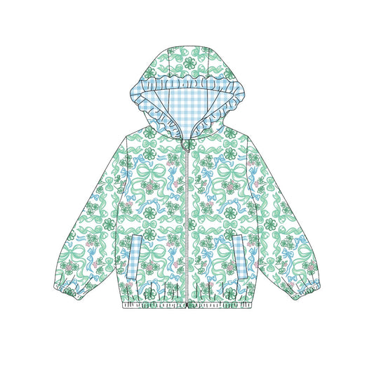 Preorder (moq5) Baby Girls Clovers Bows Zip Pickets St Patrick Ruffle Hoodies Jacket Top