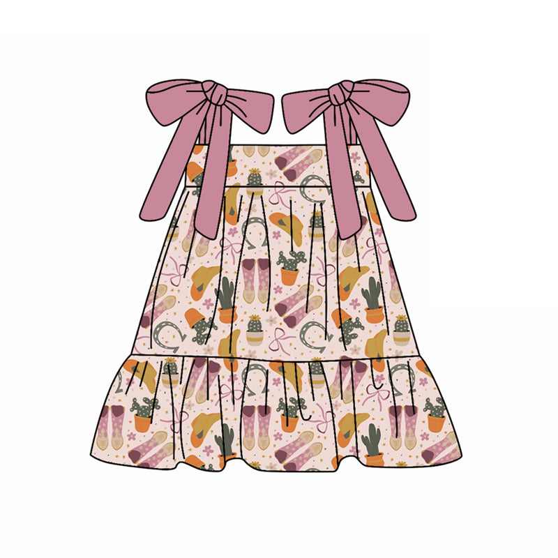 Preorder (moq 5)Baby Girls Pink Strap Boots Cactus Knee Length Dresses