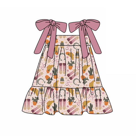 Preorder (moq 5)Baby Girls Pink Strap Boots Cactus Knee Length Dresses