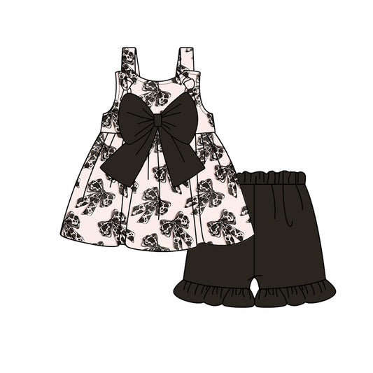 Preorder (moq 5)Baby Girls Black Cowhide Bow Tops Shorts Clothes Sets