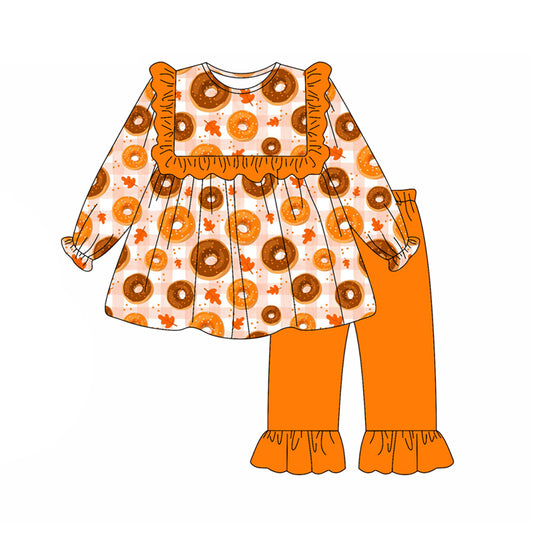 Preorder (moq 5)Baby Girls Long Sleeves Orange Plaid Donuts Tunic Ruffle Pant Set