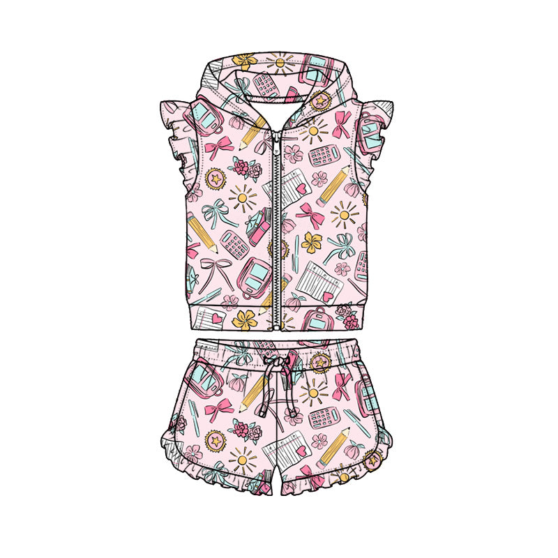 Preorder (moq 5)Baby Girls Flowers Pencils Hoodie Zip Jacket Ruffle Short Back to School Clothes Sets