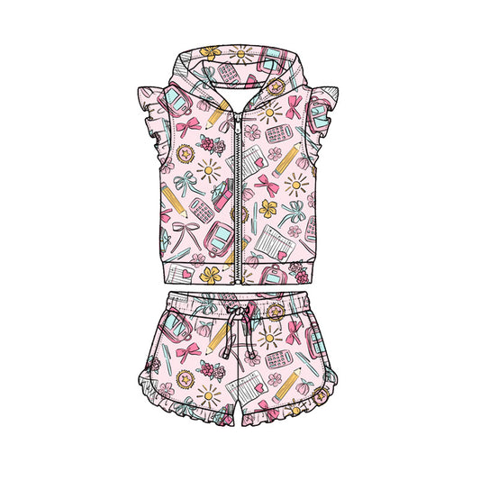 Preorder (moq 5)Baby Girls Flowers Pencils Hoodie Zip Jacket Ruffle Short Back to School Clothes Sets