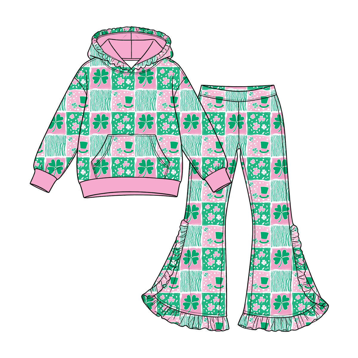 Preorder (moq 5) Baby Girl Clothes St Patricks Day Clover Hat Patchwork Hoodie Ruffle Flare Pant Set