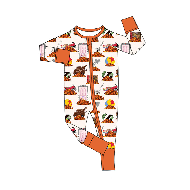 Preorder moq 5 Baby Infant Boys Long Sleeves Orange Excavators Plaid Zipper Romper