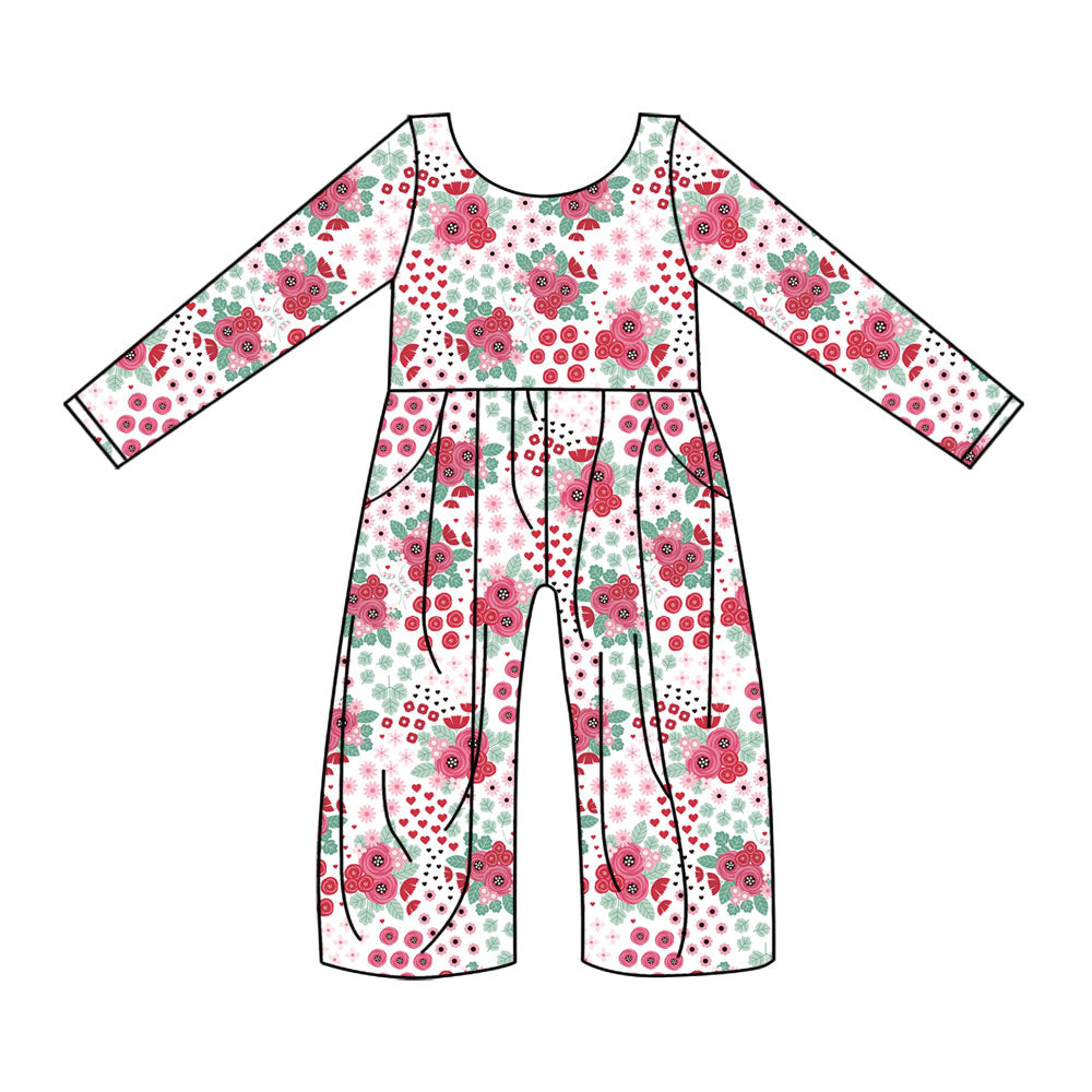 Preorder (moq 5)Baby Girls Long Sleeve Hearts Flowers Pockets Jumpsuits