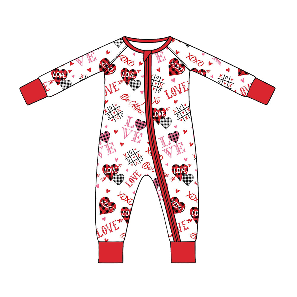 Preorder (moq 5) Baby Girl Clothes Valentine Love XOXO Buffalo Plaid Heart Print Long Sleeve Zipper Romper