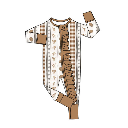 Preorder (moq 20)Baby Girls Bamboo Bows Footballs Stripe Team Ruffle Zippy Footie Rompers