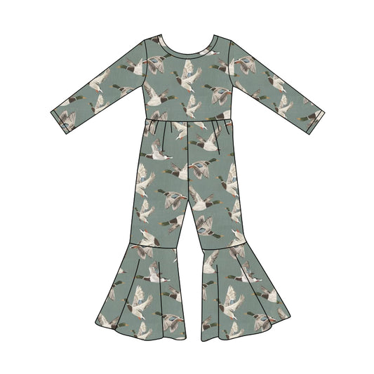 Preorder (moq 5)Baby Girls Long Sleeve Ducks Flowers Bell Bottom Jumpsuits