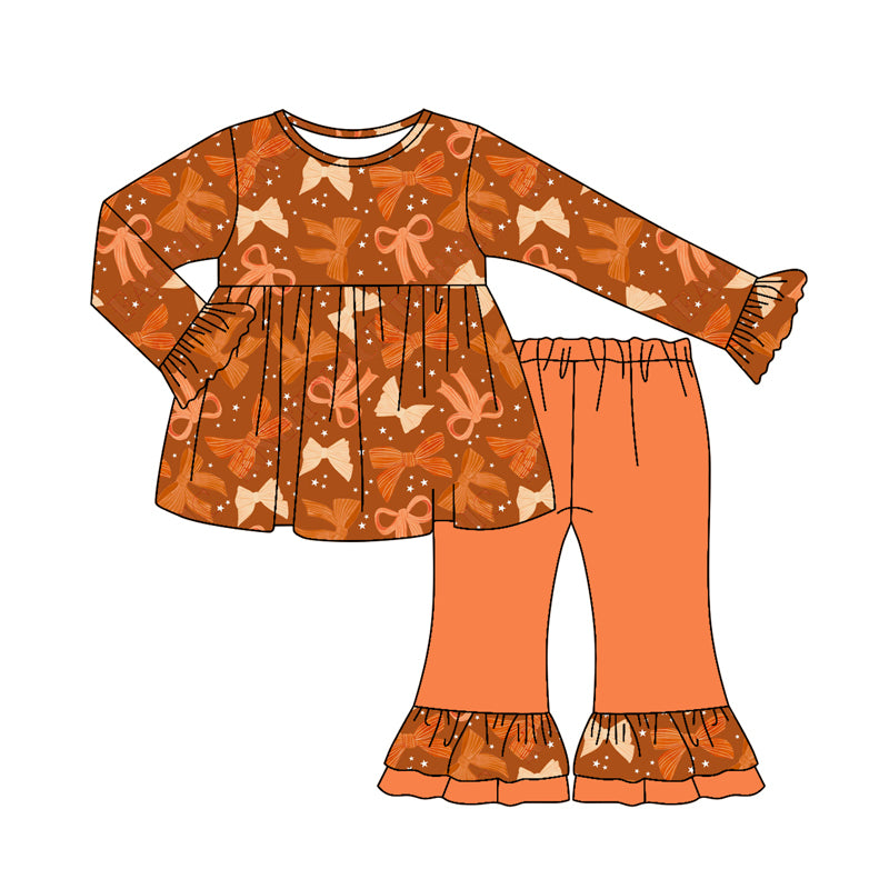 Preorder (moq 5)Baby Girls Long Ruffle Sleeves Orange Bows Plaid Tunic Flare Pants Set