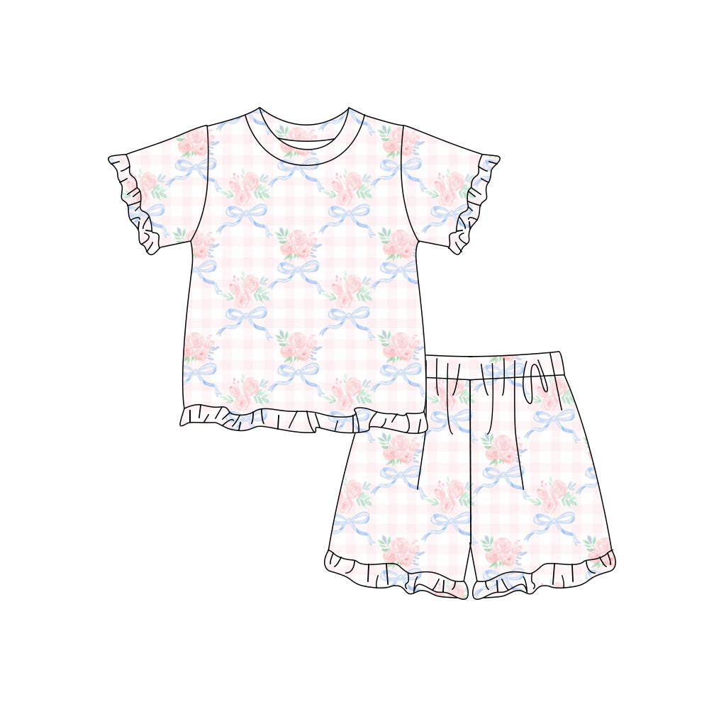 Preorder (moq 5)Baby Girls Pink Bow Flowers Checked Top Ruffle Shorts Clothes Sets