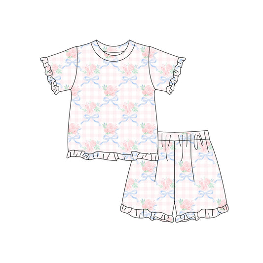 Preorder (moq 5)Baby Girls Pink Bow Flowers Checked Top Ruffle Shorts Clothes Sets