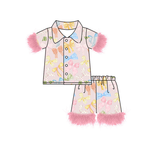 Preorder (moq 5)Baby Girls Colorful Bows Button Top Shorts Valentine Fur Pajamas Sets