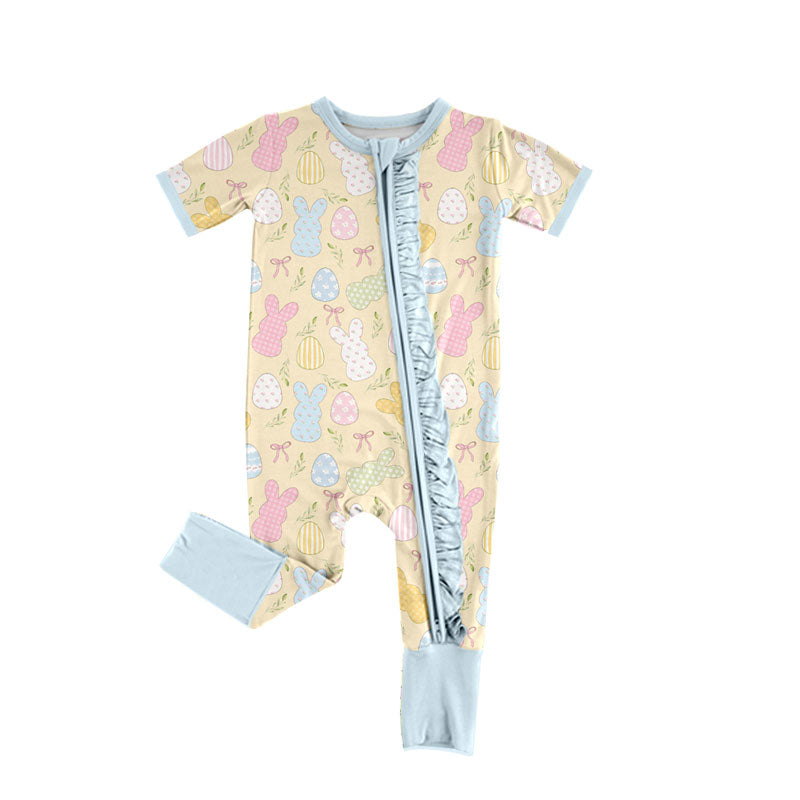 Preorder (moq 5) Baby Girls Rabbits Eggs Bows Easter Two Way Ruffle Zip Convertible Rompers