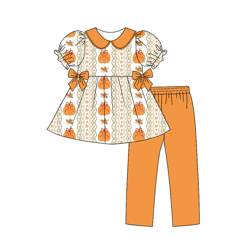 Preorder (moq 5)Baby Girls Orange Short Ruffle Sleeves Pumpkins Stripe Tunic Legging Pant Set