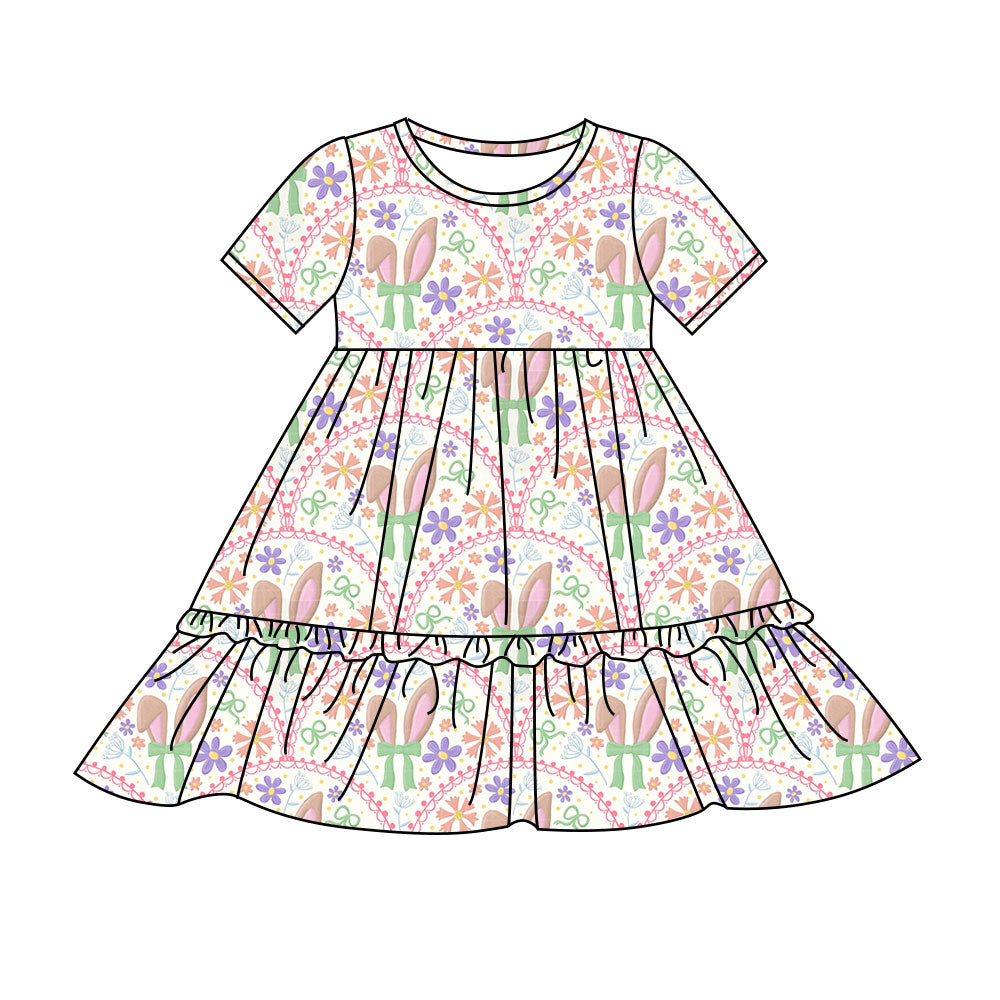 Preorder(moq 8)Baby Girls Colorful Flowers Rabbits Checked Easter Ruffle Knee Length Dresses