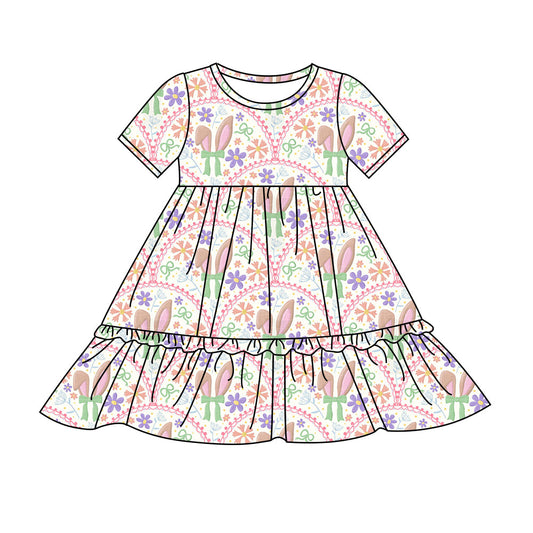 Preorder(moq 8)Baby Girls Colorful Flowers Rabbits Checked Easter Ruffle Knee Length Dresses