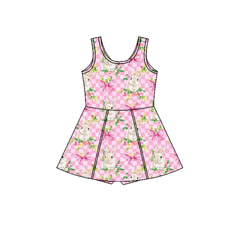 Preorder (moq 5)Baby Girls Pink Checked Flowers Rabbits Shorts Easter Knee Length Dresses