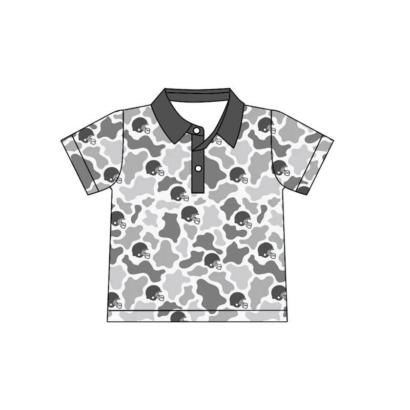 Preorder (moq 5) Baby Boy Clothes Grey Camo Football Helmet Print Short Sleeve Polo Shirt