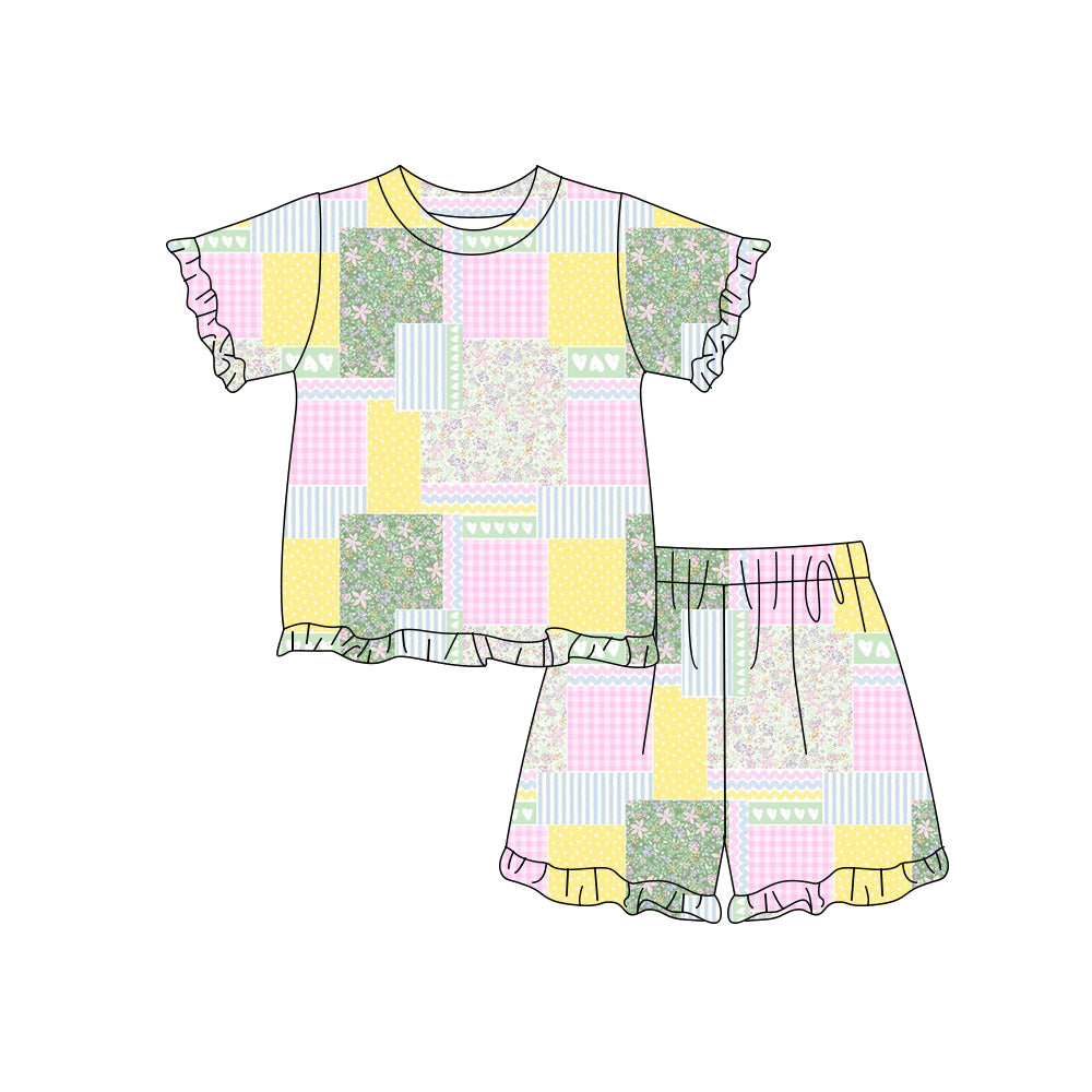 Preorder (moq 5)Baby Girls Colorful Checked Flower Hearts Top Ruffle Short Clothes Sets