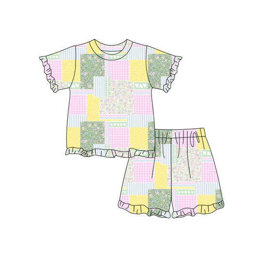 Preorder (moq 5)Baby Girls Colorful Checked Flower Hearts Top Ruffle Short Clothes Sets