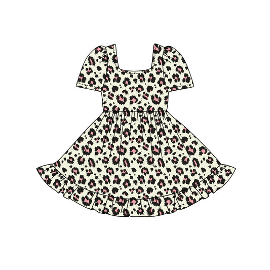 Preorder (moq 5)Baby Girls Short Sleeves Leopard Print Ruffle Knee Length Dresses