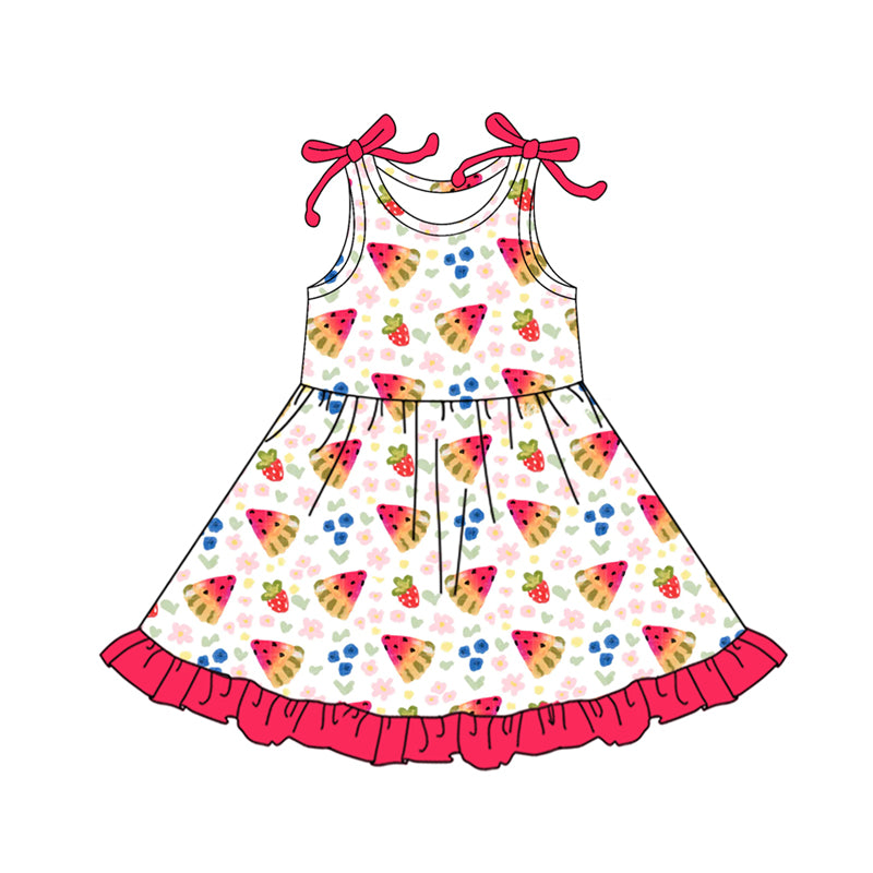 Preorder (moq 5)Baby Girls Bows Strap Watermelon Flowers Ruffle Knee Length Dresses