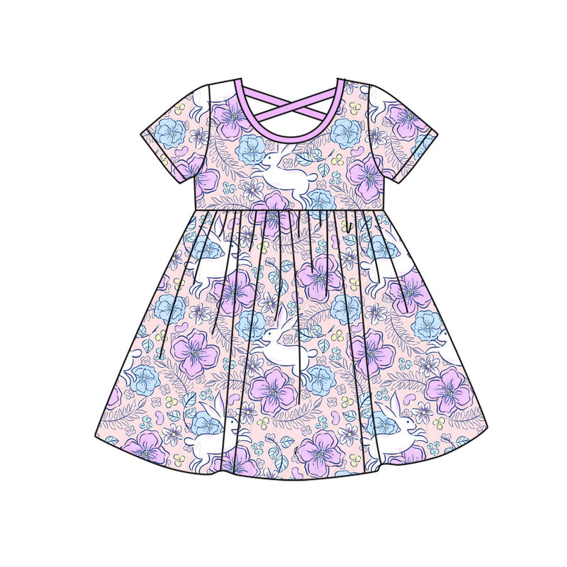 Preorder(moq 8)Baby Girls Purple Blue Flowers Rabbits Easter Knee Length Dresses
