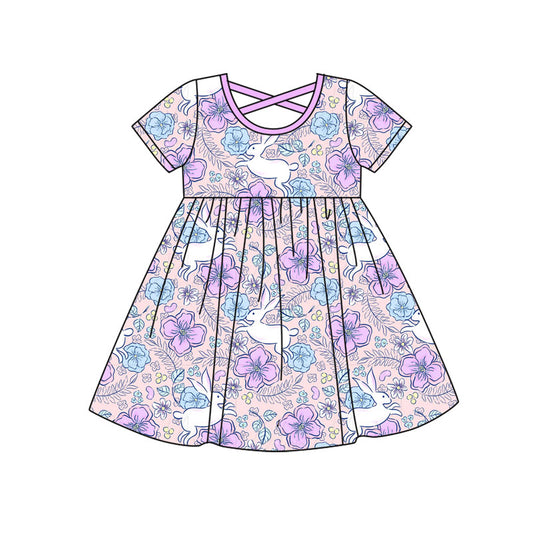 Preorder(moq 8)Baby Girls Purple Blue Flowers Rabbits Easter Knee Length Dresses
