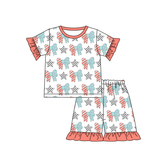 Preorder (moq 5)Baby Girls 4th Of July Bows Print Summer Shirt Top Shorts Clothes Sets