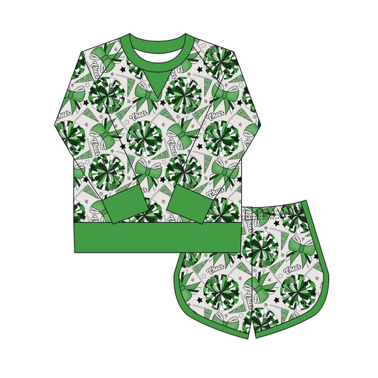 Preorder(moq 8)Baby Girls Green Bows Go Footballs Long Sleeve Top Shorts Team Clothes Set