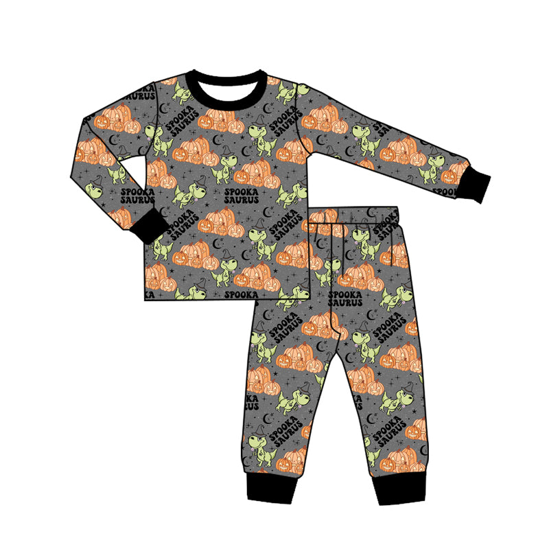 Preorder (moq 5)Baby Boys Gray Long Sleeves Dogs Floral Pumpkins Top Pant Pajamas Set
