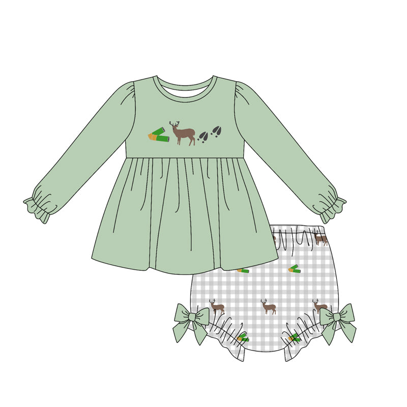 Preorder moq 5 Baby Girls Deer Tunic Checked Bummies Hunting Clothes Set