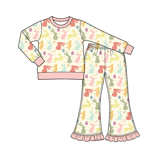 Preorder (moq 5) Baby Girl Clothes Pastel Easter Bunny Egg Mixed Print Long Sleeve Top Ruffle Flare Pant Set