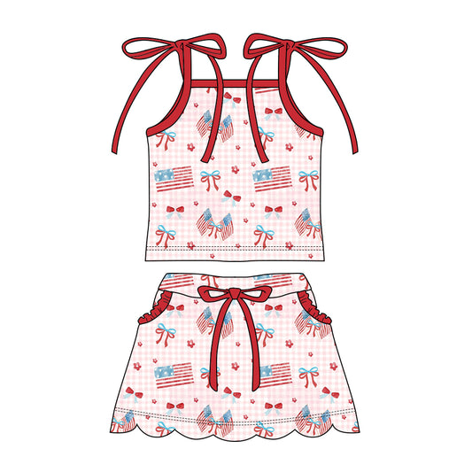 Preorder moq 5 Baby Girls Strap Bows Flags Top Pockets Scallop Skirt Short 4th of July Clothes Sets