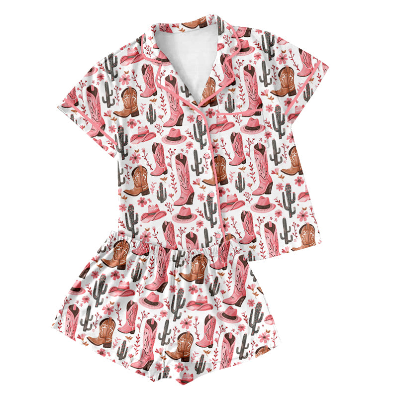 Preorder(moq 5)Adult Women Pink Hats Boots Cactus Buttons Pocket Tee Shirts Shorts Pajamas Sets