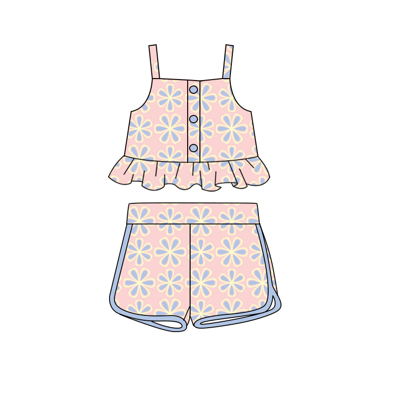 Preorder (moq 5)Baby Girls Light Pink Flowers Straps Top Shorts Clothes Sets