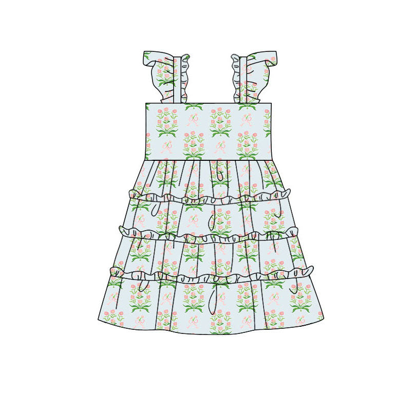 Preorder(moq 5) Baby Girls Pink Flowers Bows Patchwork Knee Length Dresses